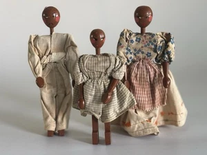 Set of 3 - Primitive PEG DOLL - Folk Art Wooden Block Antique Hand Painted Wood - Picture 1 of 20