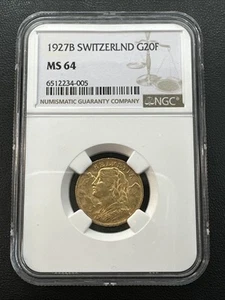 1927 B 20 Francs Switzerland Gold Coin : Certified NGC MS64 MS 64 | NEAR GEM BU - Picture 1 of 14