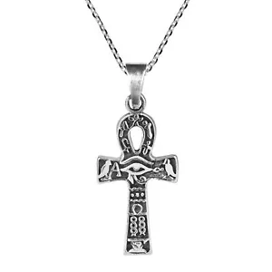 Ancient Egyptian Hieroglyphs on an Ankh Cross Sterling Silver Pendant Necklace - Picture 1 of 6