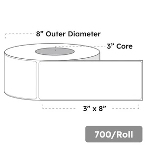 3" x 8" x 700 Labels, White Gloss BOPP Roll Inkjet Labels, 3" Core, Blank - Picture 1 of 3