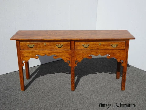 Vintage Henredon French Country Brown Oak Asian Influence Entry Console Table Cover