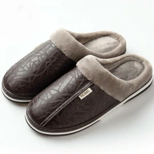 Mens Slippers Winter Non Slip Indoor Shoes For Men Leather House Shoe Waterproof - Picture 1 of 13