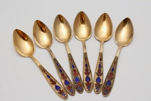6 x Kaffee Mokka Espresso Löffel Russland 875 er Silber vergoldet Emaille Dekor - Bild 1 von 7