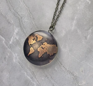 World Map Locket Antique Brass Necklace photo Keepsake Best For Christmas Gift - Picture 1 of 8