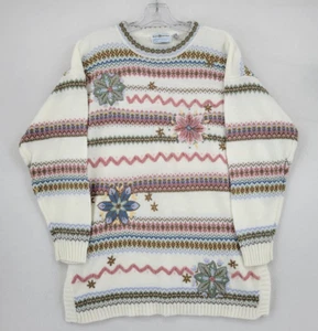 Vintage Womens Flower Striped Acrylic Knit Sweater Size M Maggie Lawrence White - Picture 1 of 7