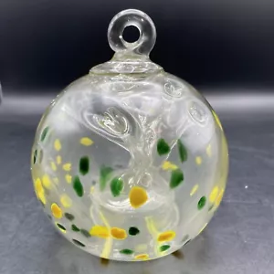 Witch’s Ball Orb Green & Yellow Splattered 5” T Stands On It’s Own Glass Hanger - Picture 1 of 10
