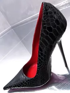 1969 Made in Italy High Heels Iconic Pointy Leather Pumps Python Black 35 - Picture 1 of 7