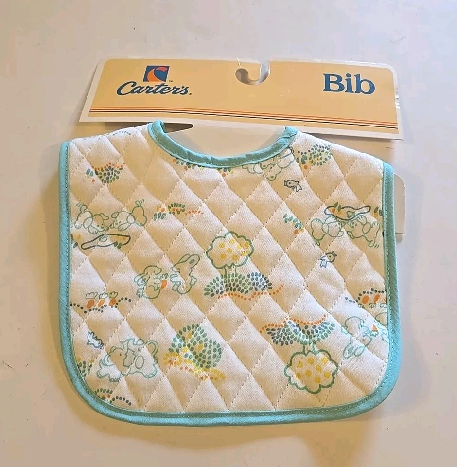 VGN Baby Carter's Blanco/Azul Babero Cachorros, Conejitos, Elefante, Acolchado 8" Foto 1 de 4