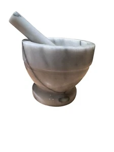Vtg White/Grey Marble Stone Mortar and Pestle 4.75” tall 5” in diameter - Picture 1 of 7