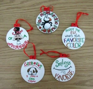 Set of 5 Hand-Painted "Elf" Wooden Christmas Tree Ornaments - Picture 1 of 2