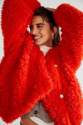 NOVO Tamanho S Free People Lena Jaqueta de Pelúcia Laranja Forro Estampado de Pele Sintética Cropped - Imagem 1 de 4