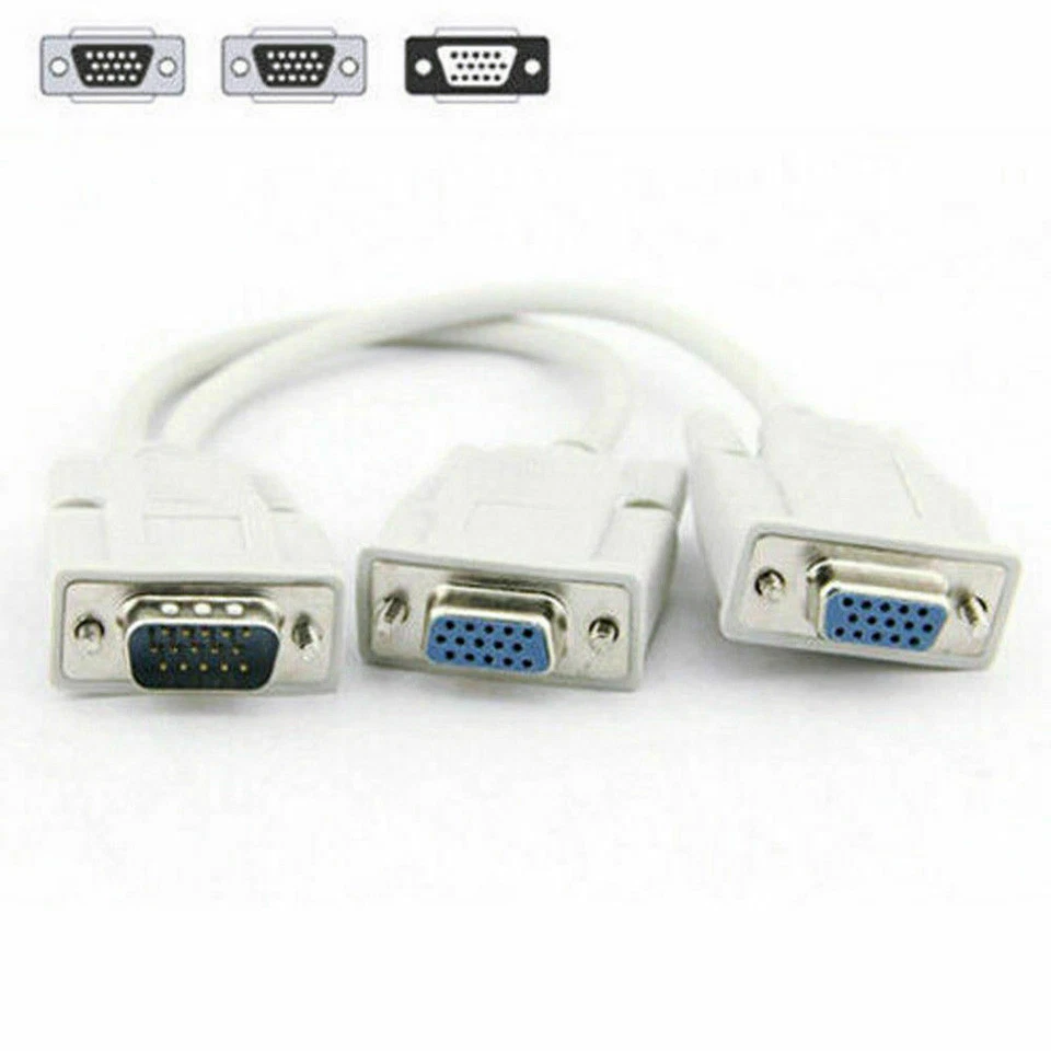 1 PC to 2 MONITORS CONNECTOR SPLITTER VGA SVGA SPLITTER DISPLAYING 2 MONITOR US - Image 1 of 4