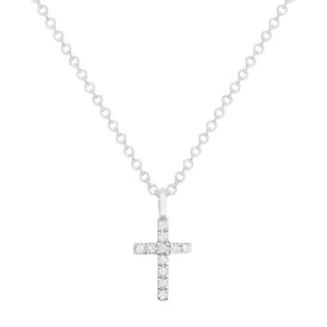 Men Women 14K White Gold Tiny 0.04 cttw Diamond Cross Pendant Necklace - Picture 1 of 1