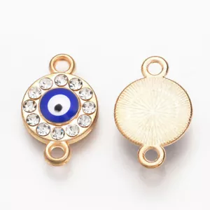 Conectores de eslabones esmaltados con diamantes de imitación planos redondos con luz azul mal de ojo dorado 5 piezas - Imagen 1 de 2
