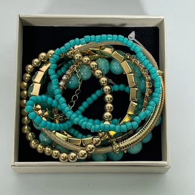 Juego de 7 brazaletes elásticos con cuentas tono oro verde turquesa joyería Foto 1 de 4