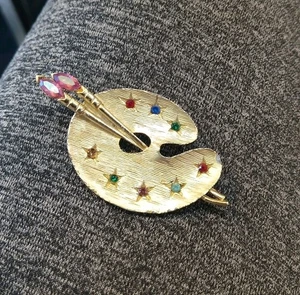 Vintage goldfarbene Multi Stein Künstler Pinsel und Palette Anstecknadel Brosche  - Bild 1 von 2