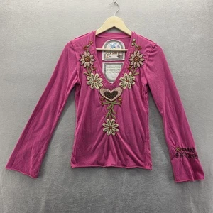 JOHNNY WAS Joystick Fucshia Pink Bell Sleeve Small Top Hand Stitched Embroidery - Picture 1 of 14