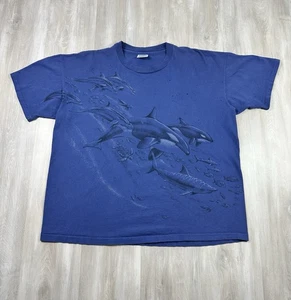 T-shirt vintage anni 90 delfini Sansegal XL blu AOP stampa all over punto singolo - Foto 1 di 4