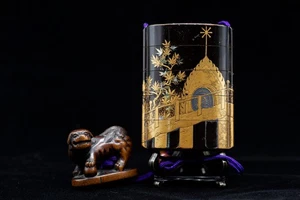 Antique Makie Inro with Shishi Netsuke w/Box Edo Period Samurai Japanese Antique - Picture 1 of 23
