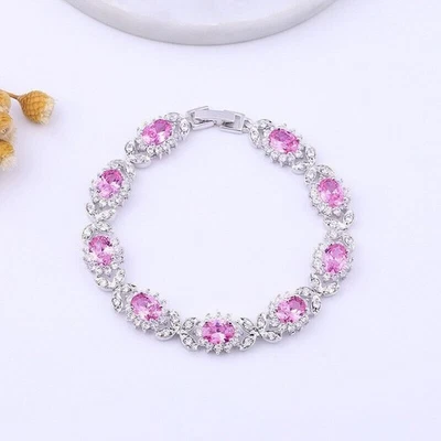 Novo Design Floral Oval Roxo Ametista Pedra Preciosa Pulseira Feminina Prata - Imagem 1 de 4