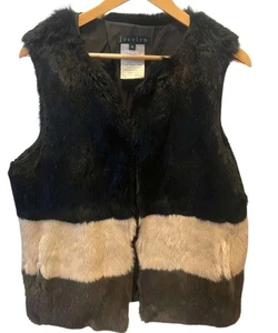 Rabbit Fur Vest M Black Tan Colorblock Jocelyn Luxury Winter Model Off Duty NWOT - Picture 1 of 9