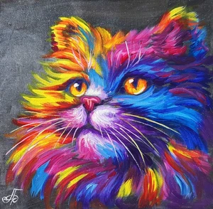 Original Rainbow Cat Portrait Acrylic Painting Canvas Vibrant Animal Wall Art - Picture 1 of 24