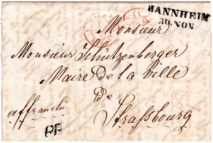 Baden 1842, L2 Mannheim aggiunta con PP e 11 DAE in rosso su lettera n. Strasburgo - Foto 1 di 1