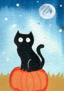 Aceo Artcard "HALLOWEEN SCHWARZE KATZE AUF KÜRBIS" Aquarell Kunst KOSTENLOSER VERSAND - Bild 1 von 1