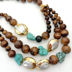 3 Strands White Keshi Pearl Tigers Eye Turquoise Necklace 20'' - Picture 1 of 5
