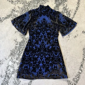 Anthropologie Dress Womens Size 2 Blue Mock Neck Velvet Burnout Mini Open Back - Picture 1 of 8