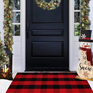 Christmas Door Mat Outdoor 24"X51"Buffalo Plaid Christmas Decor Rug Cotton Hand- - Picture 1 of 7