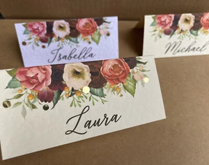 6x burgundy peonies name PLACE CARDS blush pink roses flower wedding table decor - Picture 1 of 12