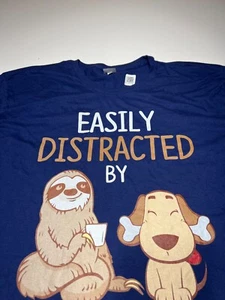 Amazon Merch T-Shirt Mens 3XL Blue "Easily Distracted by Sloths & Dogs" NWT - Picture 1 of 11