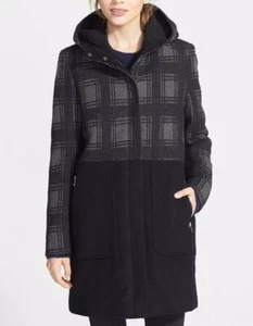 Kristen Blake Womens Color Block Plaid Hooded Overcoat Black/Gray Size Small - Picture 1 of 2