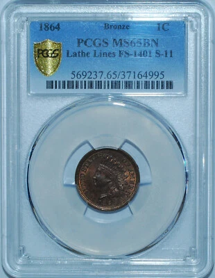 1864 PCGS MS65BN Brown FS-1401 S-11 Lathe Lines Indian Cent - Image 1 of 4
