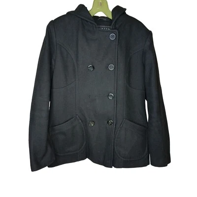 Abrigo Giacca Negro Mezcla Lana Guisante Talla Mediana Con Capucha Forrado Bolsillos Botón Delantero Foto 1 de 4