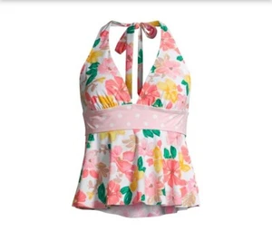 Time and Tru Womens Floral White Peach Watercolor Halter Peplum Bikini Top S 4-6 - Bild 1 von 6