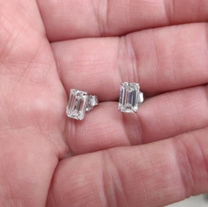 Emerald Diamond Stud Earrings E VS1 2 CT AGI Certified Labcreated 14K White Gold - Picture 1 of 5