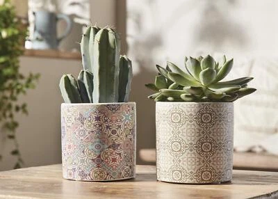 Blumentopf Pflanztopf Übertopf 2er Set "Mosaik" aus Terracotta bunt / weiß - Bild 1 von 3