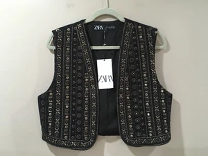Zara Black Embroidered Beaded Waistcoat Jacket Size M Boho Bloggers Fave 6895 - Picture 1 of 6