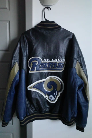 Vintage St Louis Rams 100% Leather Embroidered Varsity Bomber Jacket Mens 2XL Cover