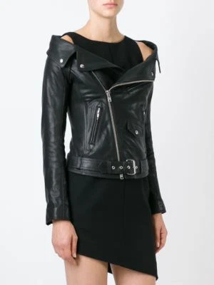 Chaqueta de cuero para mujer negra piel de cordero fuera del hombro ajustada chaqueta de motocicleta-380 Foto 1 de 4