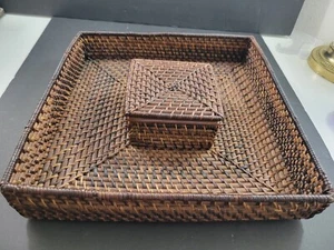 Crate & Barrel Brown Rattan Basketweave Chip & Dip Square Serving Tray 12x12x3" - Picture 1 of 13