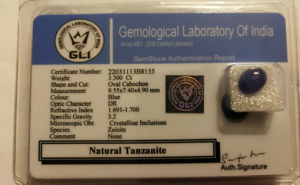 Cabujón ovalado de tanzanita natural de 3,3 quilates, con informe GLI Foto 1 de 3