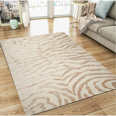 Multi Sizes Handmade Wool & Faux Silk Animal Print Zebra Area Rug Ivory Tan - Image 1 of 4
