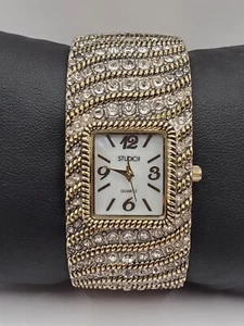 Studio Ladies Fashion Gem Quartz Watch 28mm Wide Silver/Gold Tone Cuff Bracelet - Picture 1 of 7