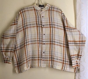 Top camicia mandarino Eskandar 0 RICCO oro arancione garza lino scatola a quadri 26"L - Foto 1 di 5