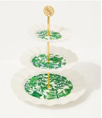 Lilly Pulitzer 3-Tiered Serving Tray, Green Fiddle Leaf, New In Box! - Image 1 of 3
