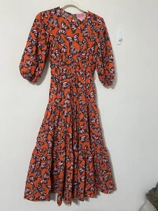 Kate Spade Orange Pink Butterfly Dress Cotton Extra Small Stretch Waist Floral - Picture 1 of 5