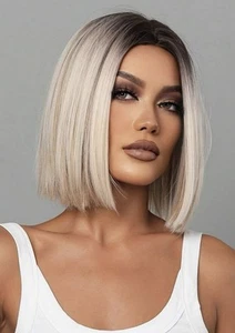 Women Ombre Wig 14 Inch Straight REAL Cut Ombre Wig Curtain Bangs Women's Wig - Picture 1 of 6
